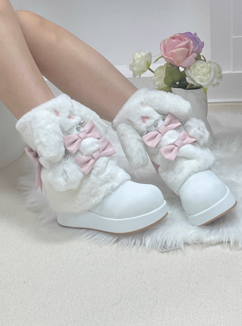 Thick-soled Boots With Rabbit-ear Fur Ribbon