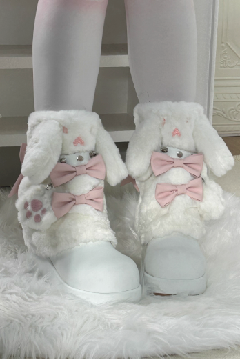 Thick-soled Boots With Rabbit-ear Fur Ribbon