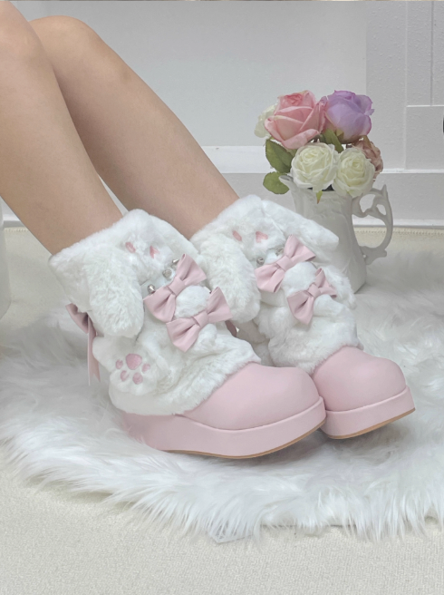 Thick-soled Boots With Rabbit-ear Fur Ribbon