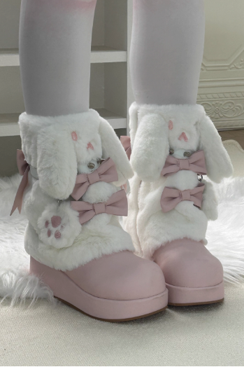 Thick-soled Boots With Rabbit-ear Fur Ribbon