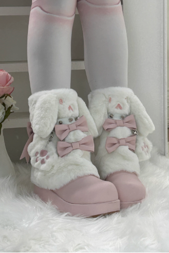 Thick-soled Boots With Rabbit-ear Fur Ribbon