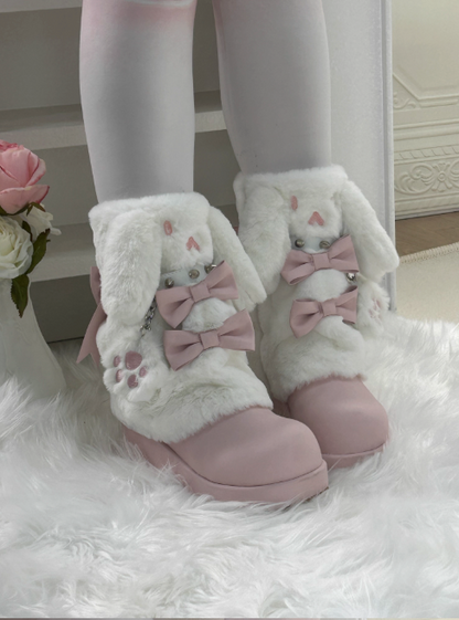 Thick-soled Boots With Rabbit-ear Fur Ribbon