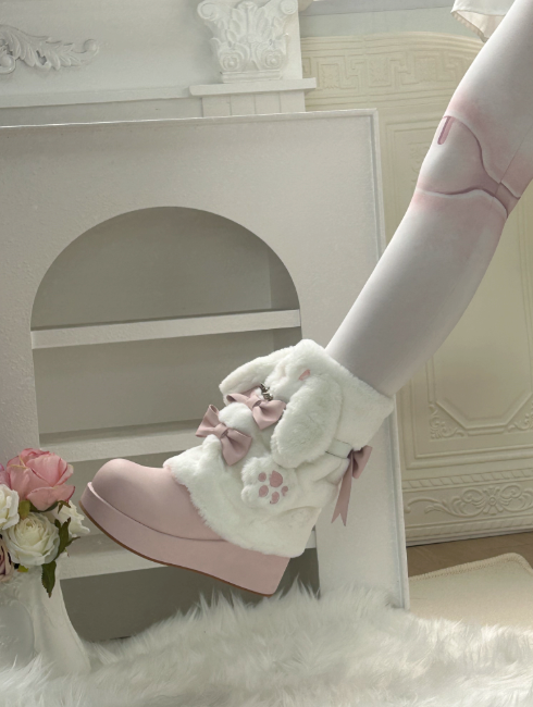 Thick-soled Boots With Rabbit-ear Fur Ribbon