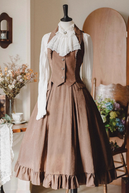 Classical Retro Blouse + Colored Vest + Flared Long Skirt
