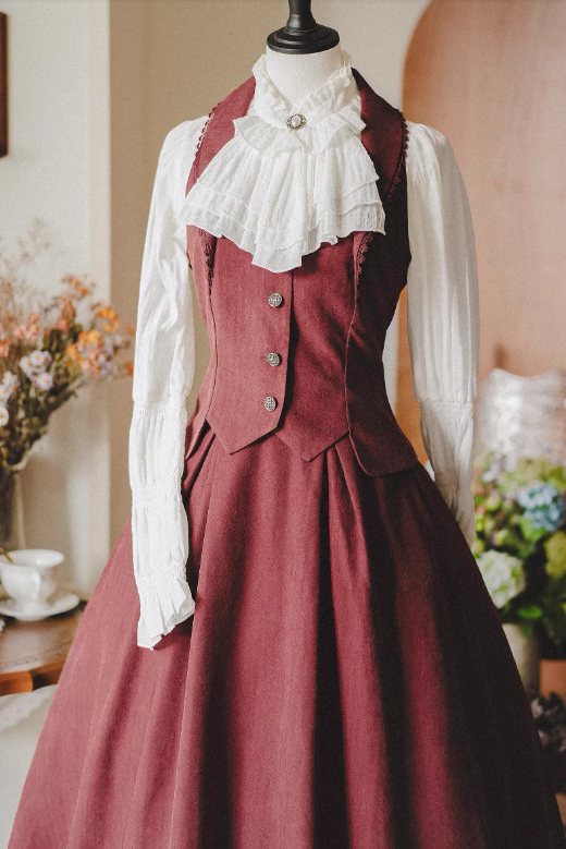 Classical Retro Blouse + Colored Vest + Flared Long Skirt