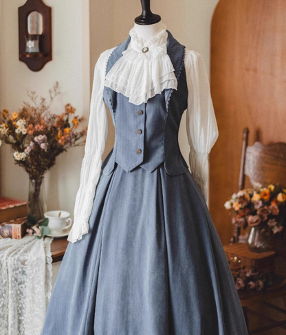 Classical Retro Blouse + Colored Vest + Flared Long Skirt