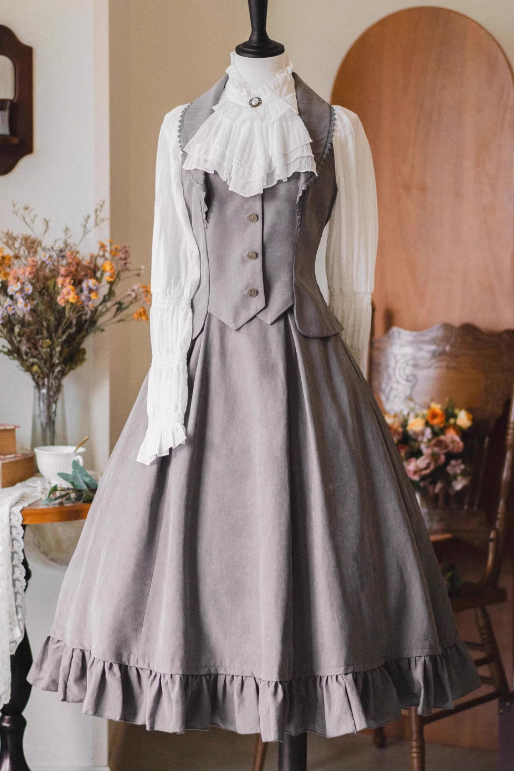 Classical Retro Blouse + Colored Vest + Flared Long Skirt