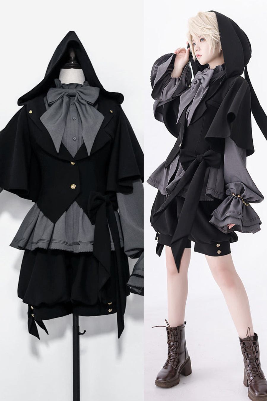 Rabbit Retro Dark Cool Rabbit Ears Hoodie Set [cape Coat / Blouse / Short Pants]