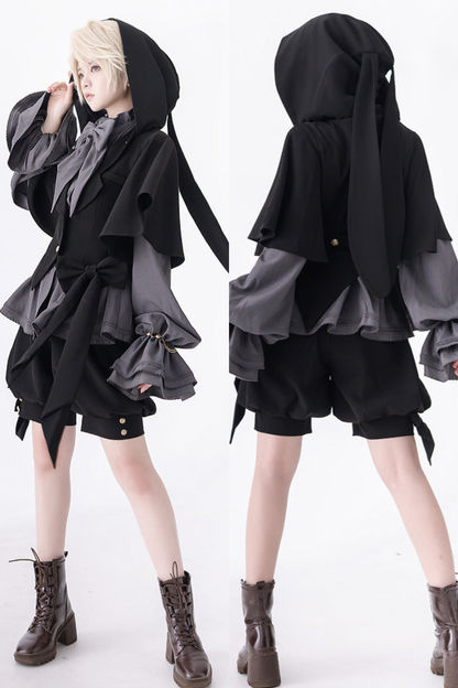Rabbit Retro Dark Cool Rabbit Ears Hoodie Set [cape Coat / Blouse / Short Pants]