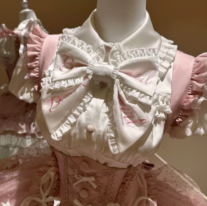 [order Deadline: May 12] Pink White Sweet Lolita Idol Ribbon Puff Sleeve Shirt + Corset Tulle Pull-up Jks Dress Set