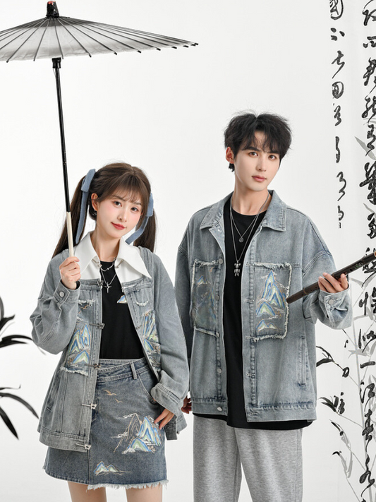 Chinese-style Design Polo Denim Jacket + Jacket + Short Jacket + Denim Skirt