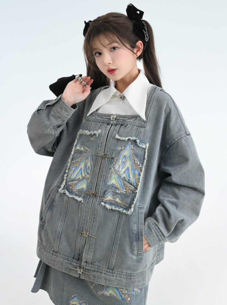 Chinese-style Design Polo Denim Jacket + Jacket + Short Jacket + Denim Skirt