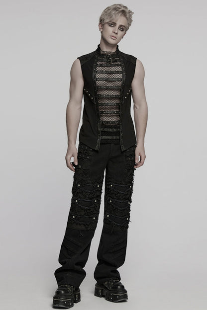 Black Sleeveless Stitching Mesh Eyelet Straps Punk Vest