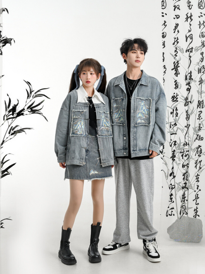Chinese-style Design Polo Denim Jacket + Jacket + Short Jacket + Denim Skirt