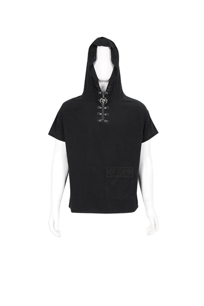Black Hooded Mesh Splice Zipper Back Openwork Lace-up Short Sleeve Punk T-shirt