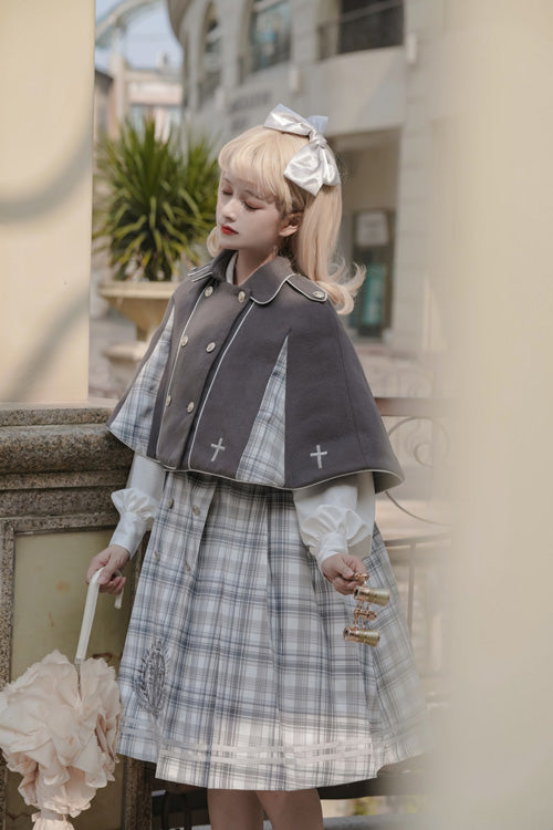Grey Royal Detective Stripe Print Long Sleeves Classic Lolita Op Dress