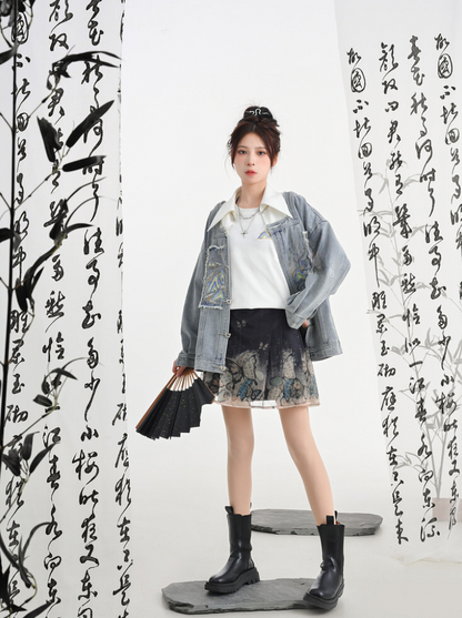 Chinese-style Design Polo Denim Jacket + Jacket + Short Jacket + Denim Skirt
