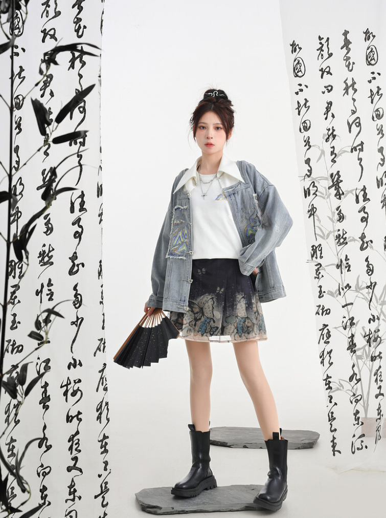 Chinese-style Design Polo Denim Jacket + Jacket + Short Jacket + Denim Skirt