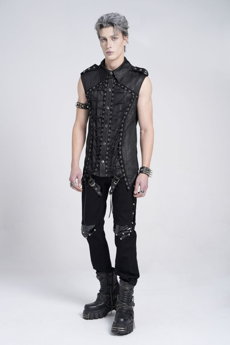 Black Sleeveless Studded Lace-up Gothic Blouse