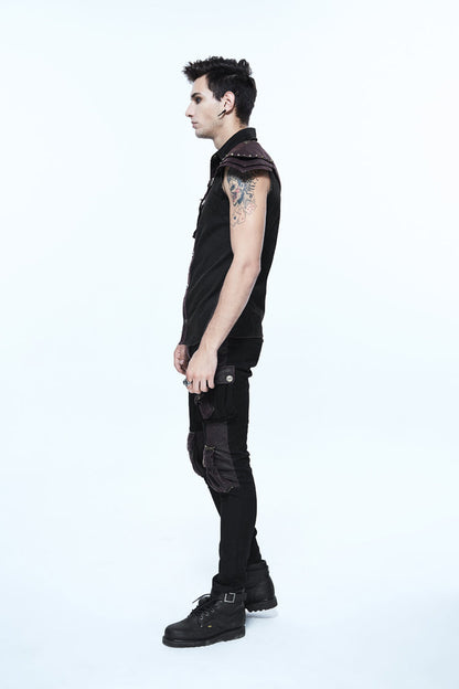 Black Twill Brown One Shoulder Armor Heat Seal Hasp Sleeveless Punk Shirt