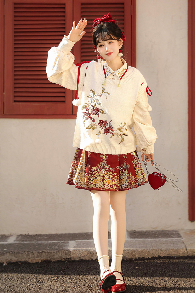 China Snow Knit Vest + Shirt + Skirt