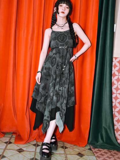 Dark Chinese-style Asymmetric Long Camisole Dress + Short Cardigan