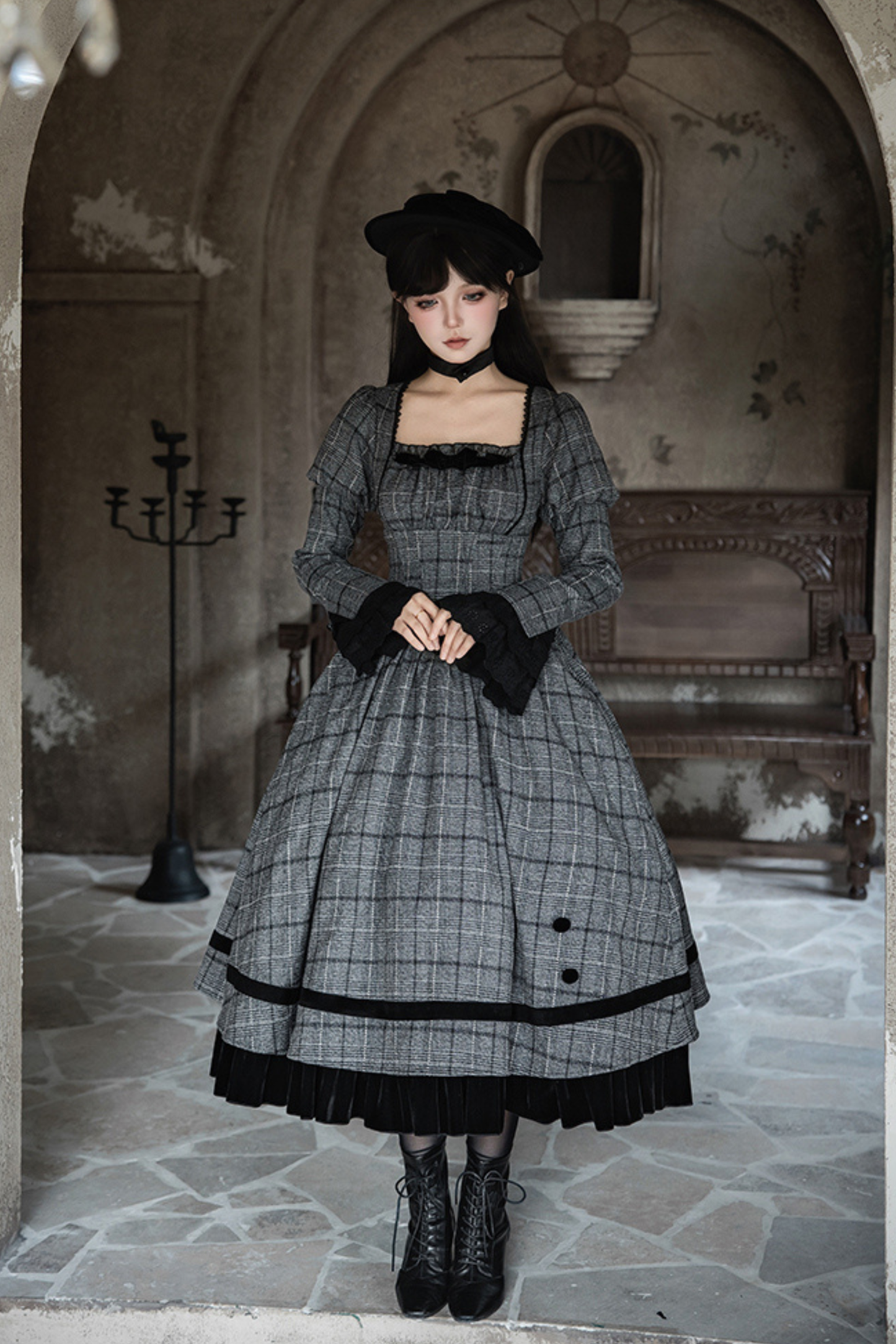 Plaid Fishbone Chest Jsk + Dress + Innerwear + Ribbon + Hat
