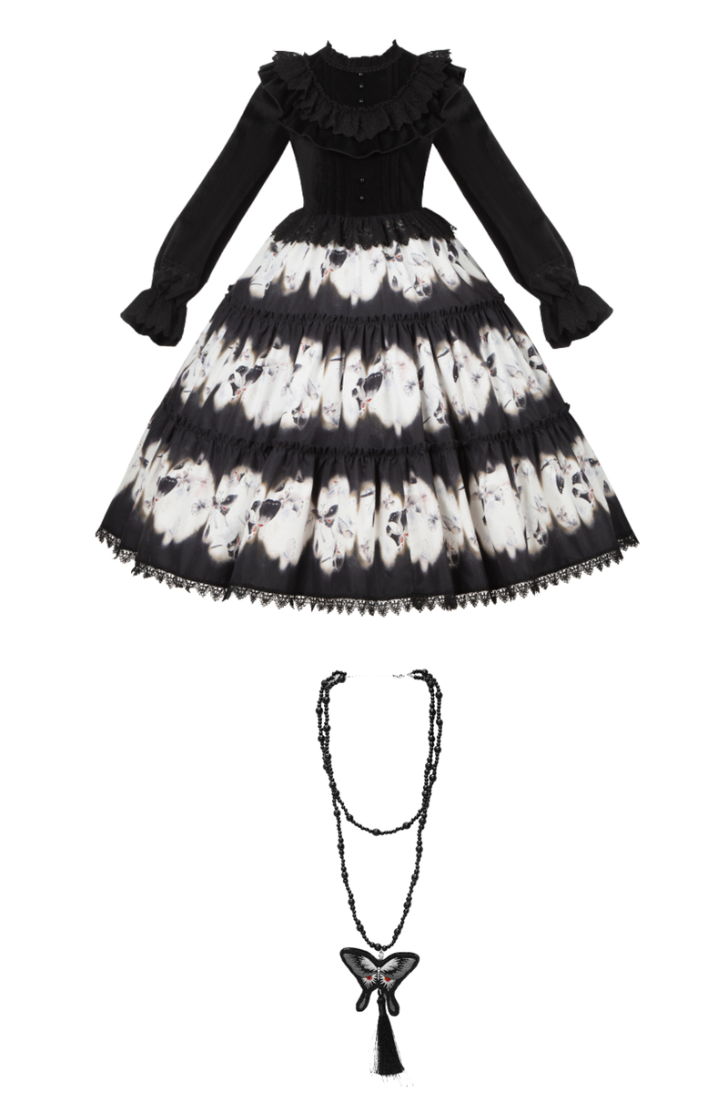 Butterfly Print Swing Lolita Dress + Jumper Skirt + Hairband + Innerwear + Ribbon