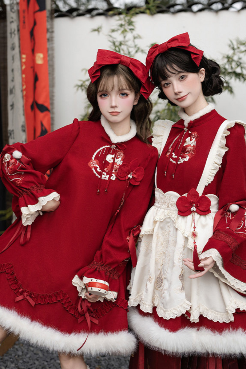 Chinese-style Big Sleeve Dress + Apron + Skirt + Leg Warmers + Hairband + Clip + Pin