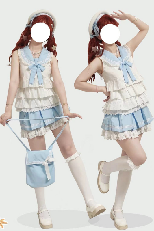 Sailor Ribbon Marine Top + Pleated Layered Skirt