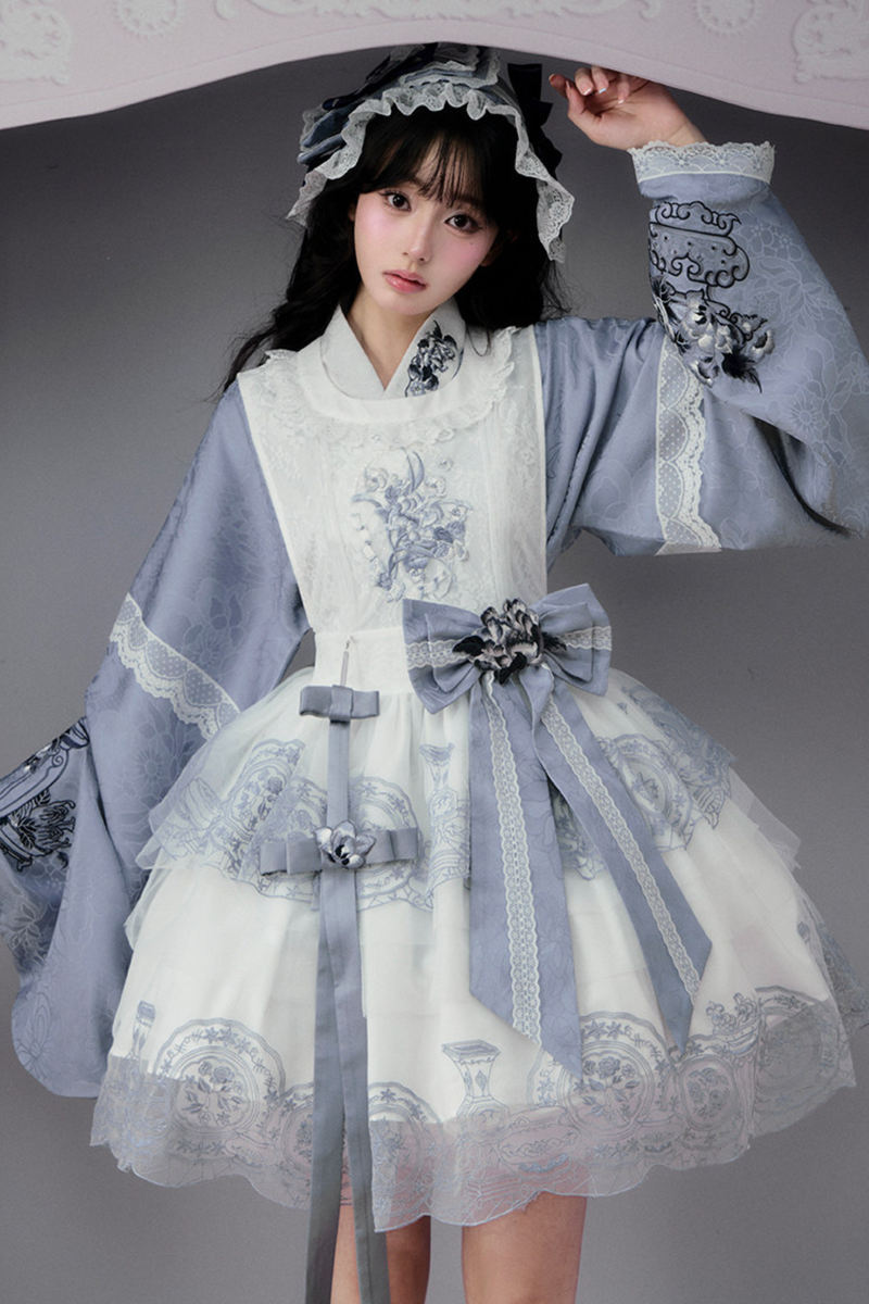 Chinese-style Jacket + Skirt + Overskirt + Ribbon + Brooch + Headband