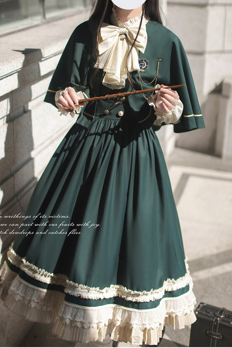[pre-order] Retro Academia Jumper Skirt + Striped Shirt + Hooded Cape + Short Jacket + Collar + Brooch