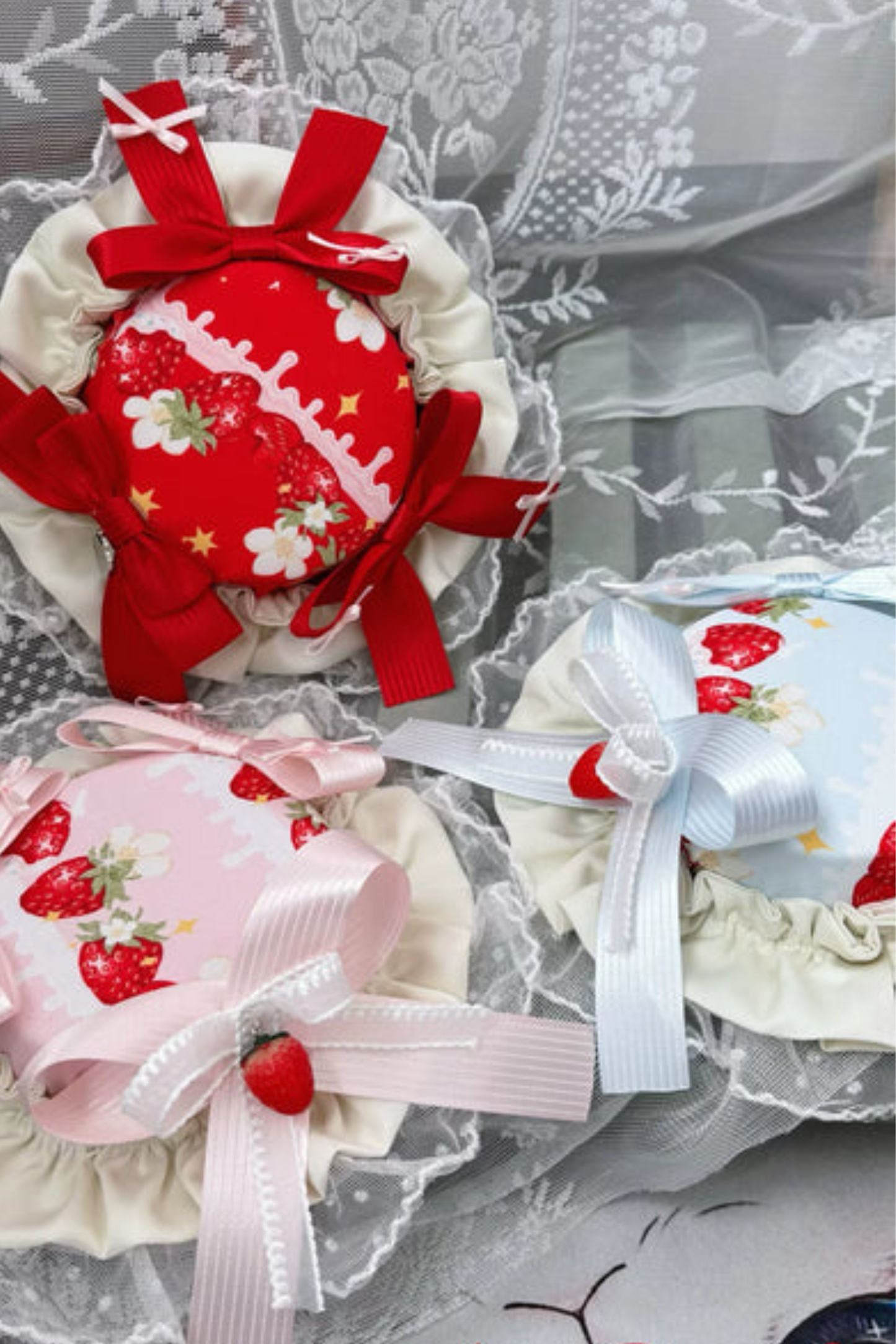Strawberry Lolita Jumper Skirt + Rabbit Hair Scarf + Big Ribbon + Top + Hat + Bonnet