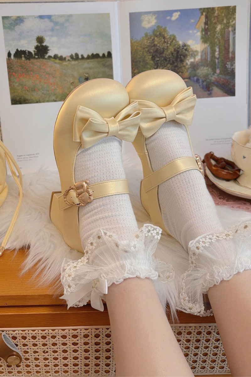 Satin Sheep Puff Ribbon Shoes