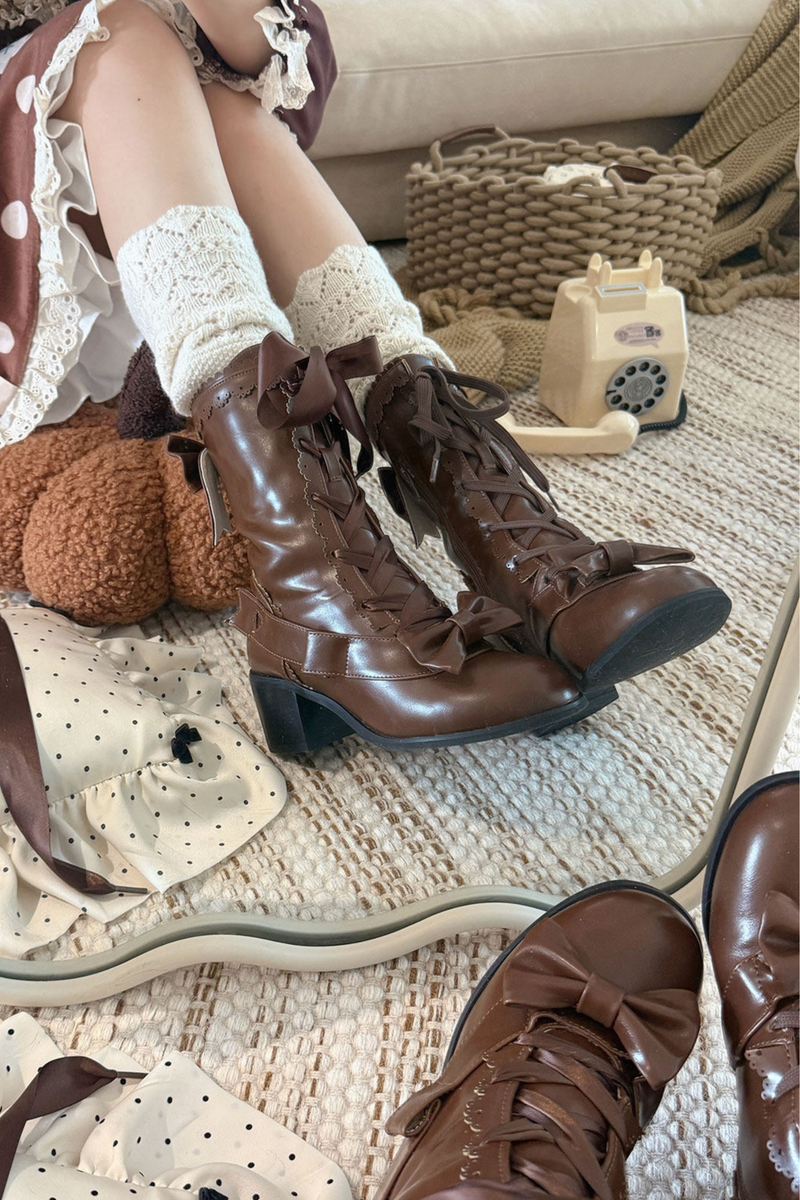 Ribbon Lace Up Mid Calf Boots