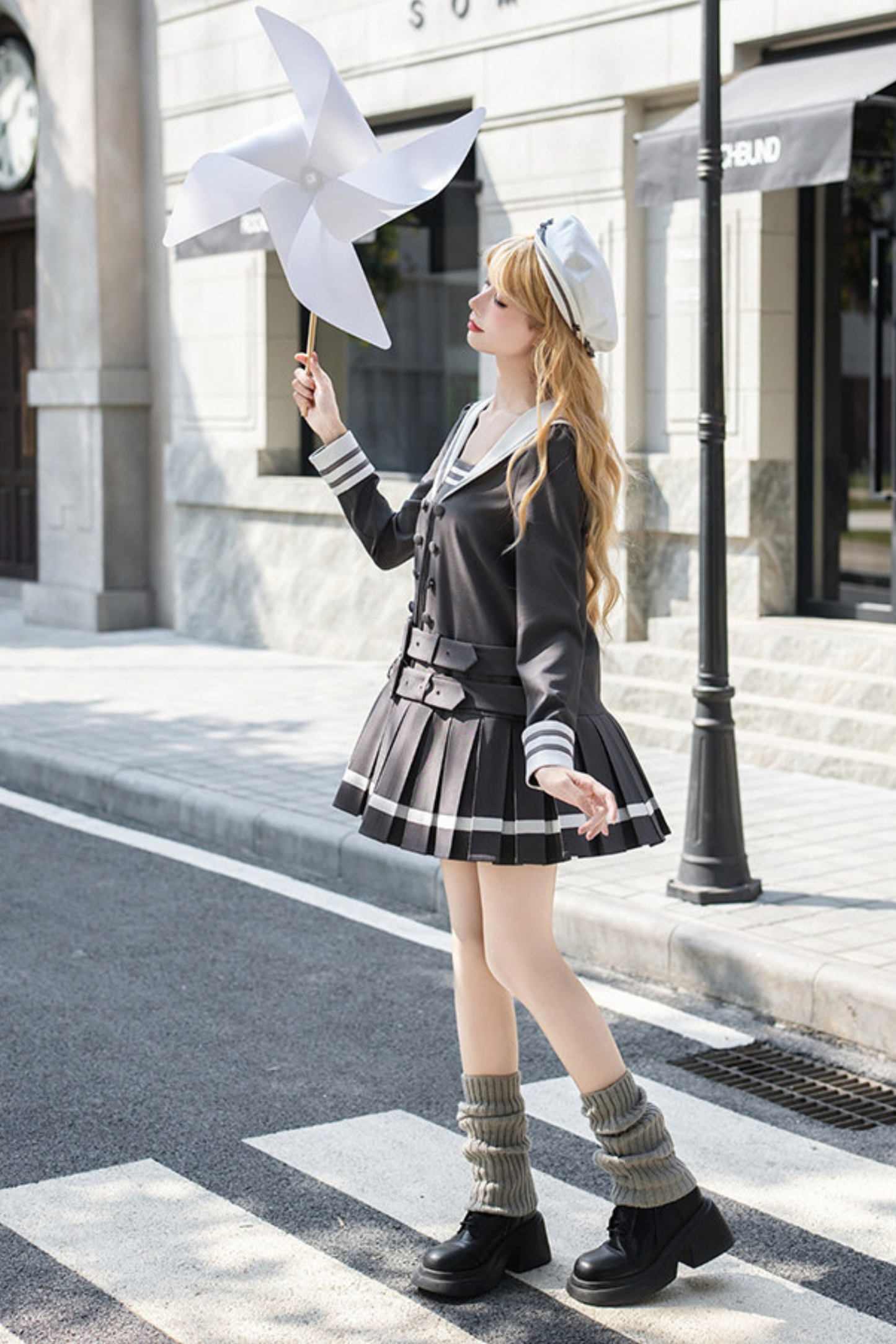 Sailor Collar Pleated College Dress + Ribbon + Hat