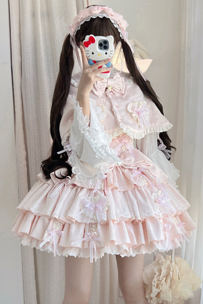 Layered Ruffle Sweet Princess Lolita Jumper Skirt + Tail + Headband + Cape + Bonnet