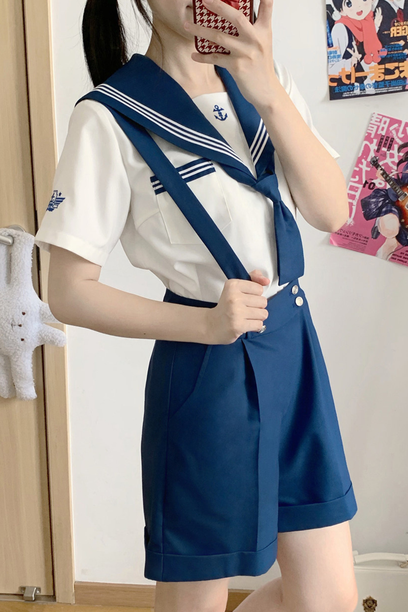 Sailor Shirt + Suspender Shorts + Tie + Beret