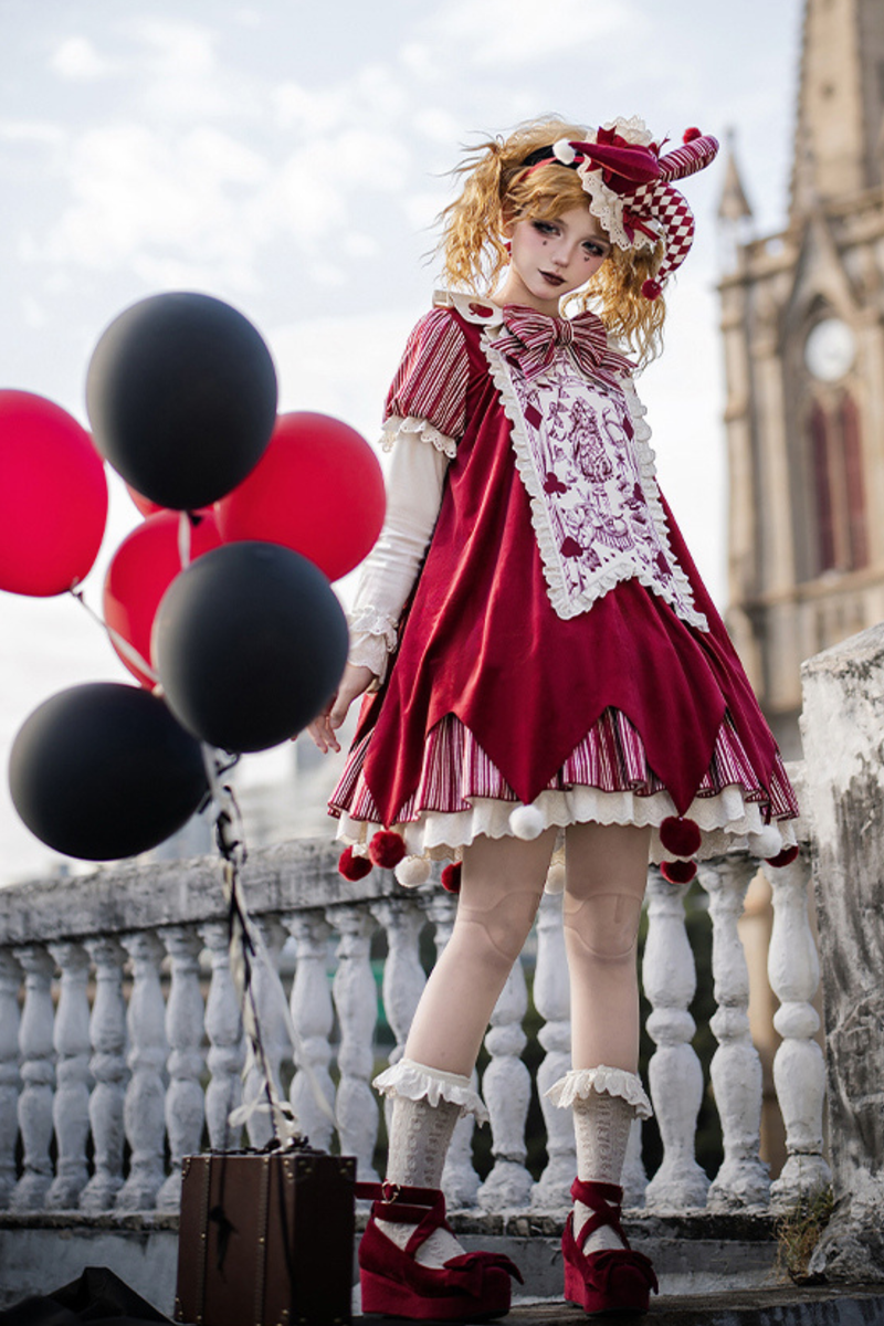 Doll Circus Pierrot Lolita Dress + Headband + Belt + Ribbon + Headband + Panel