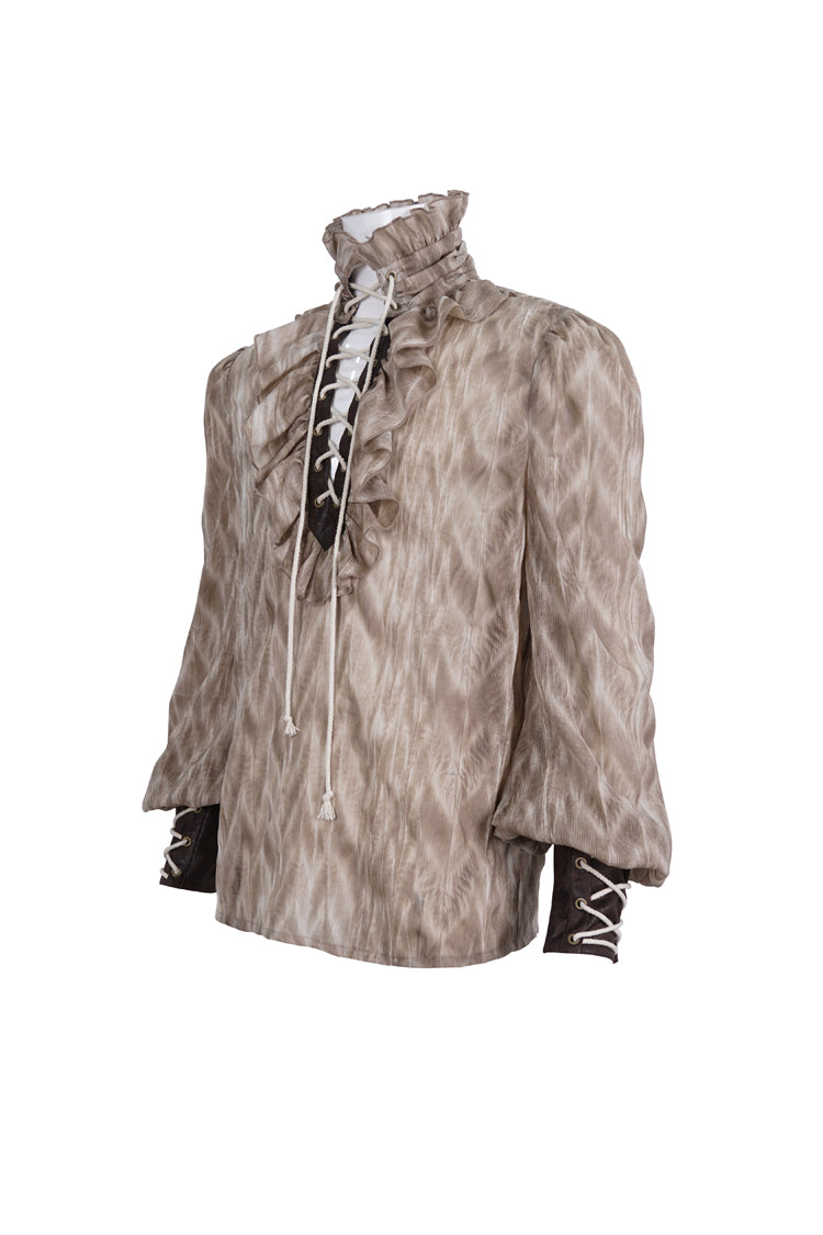 Brown Ruffle Stand Collar Print Lace-up Gothic Blouse