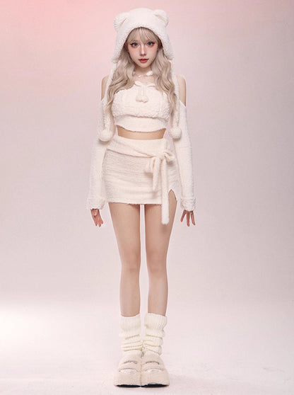 Pure White Fur Top + Fur Slit Skirt + White Bear Hat