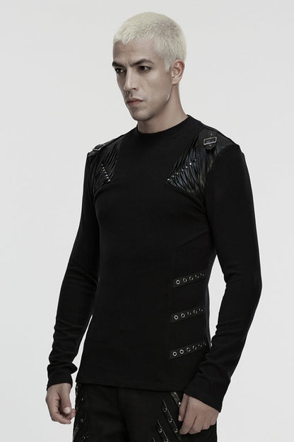 Black Round Collar Long Sleeves Buckled Strappy Pleated Eyelet Punk Top