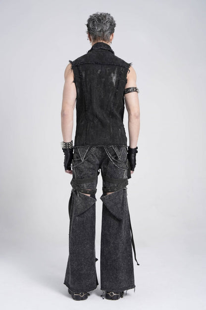 Black Sleeveless Studded Lace-up Gothic Distressed Vest