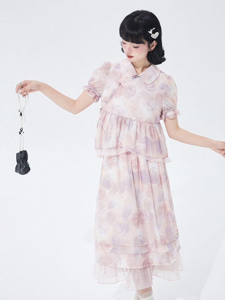 Chinese-style Rose Print Puff Sleeve Ruffle Shirt Skirt Two Piece Set