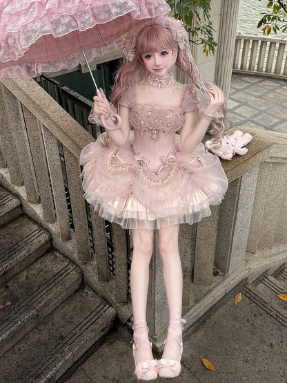 [pre-order Deadline: May 13] Pink Ballet Lolita Lace Ribbon Bustier Corset Top + Pull-up Tulle Tiered Skirt Set + Back Ribbon Train