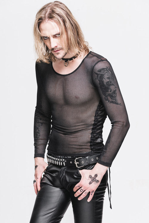 Black Diamond Shaped Mesh Round Neck Long Sleeves Punk T-shirt