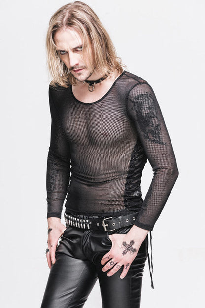 Black Diamond Shaped Mesh Round Neck Long Sleeves Punk T-shirt