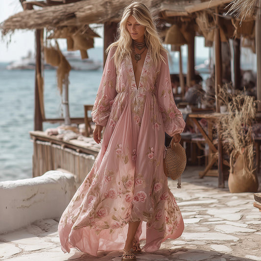 Women's Boho Style Floral Art Long-sleeved V-neck Dress elevenforest