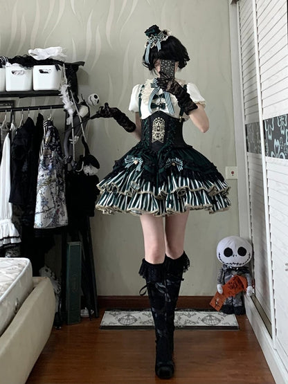 [pre-order Deadline: May 20] Magical Girl Lolita Lace Puff Sleeve Shirt + Black X Green Ribbon Corset Tiered Dress + Mini Hat