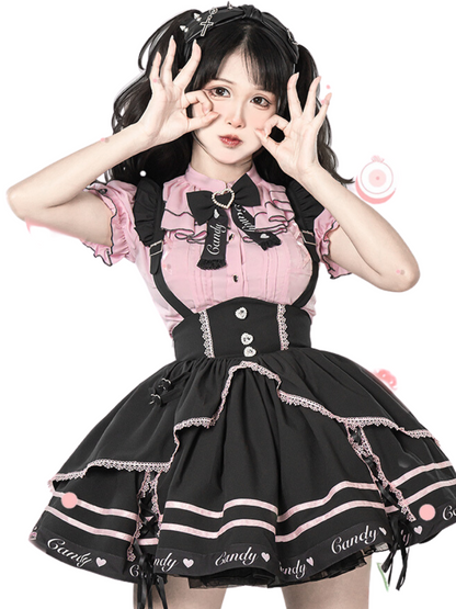 Berry Fleur Sweet Girl Blouse Black Pink Suspender Dress Set